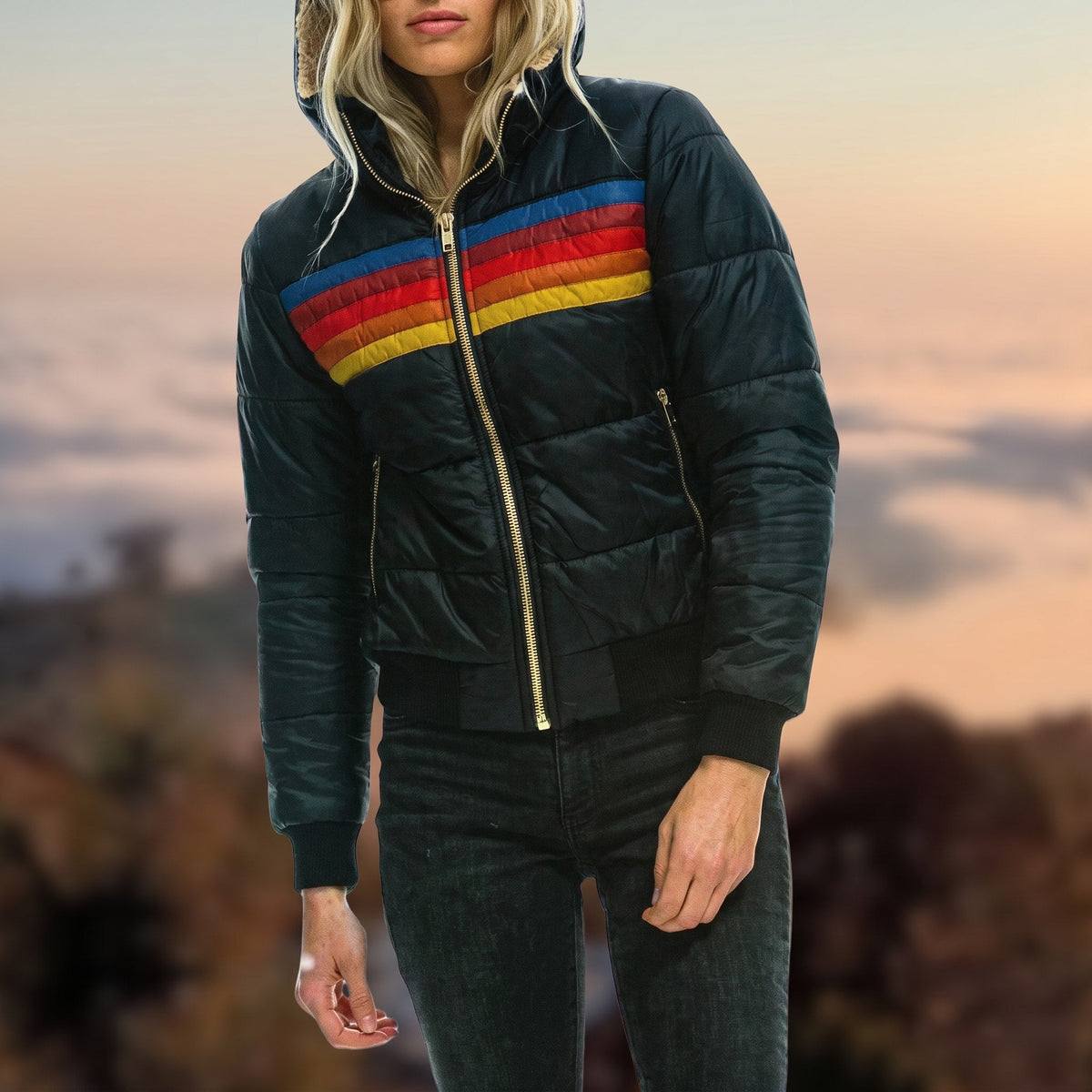 Georgia - Women's Quilted Colour-Block Puffer Jacket with Hood - Puffer Jacket - Black - Davies & Cooper