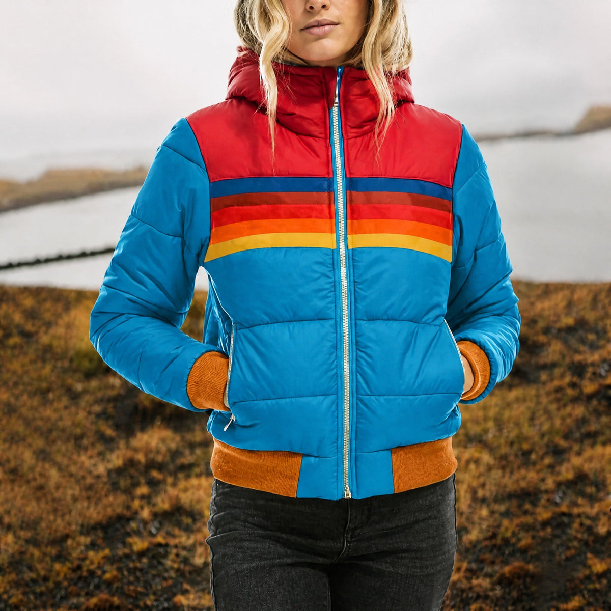 Georgia - Women's Quilted Colour-Block Puffer Jacket with Hood - Puffer Jacket - Blue - Davies & Cooper