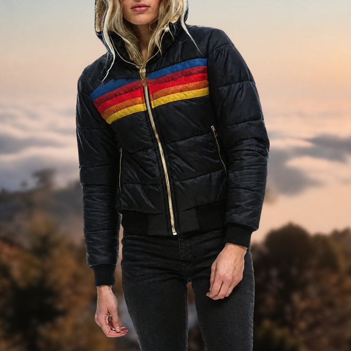 Georgia - Women's Quilted Colour-Block Puffer Jacket with Hood - Puffer Jacket - Black - Davies & Cooper