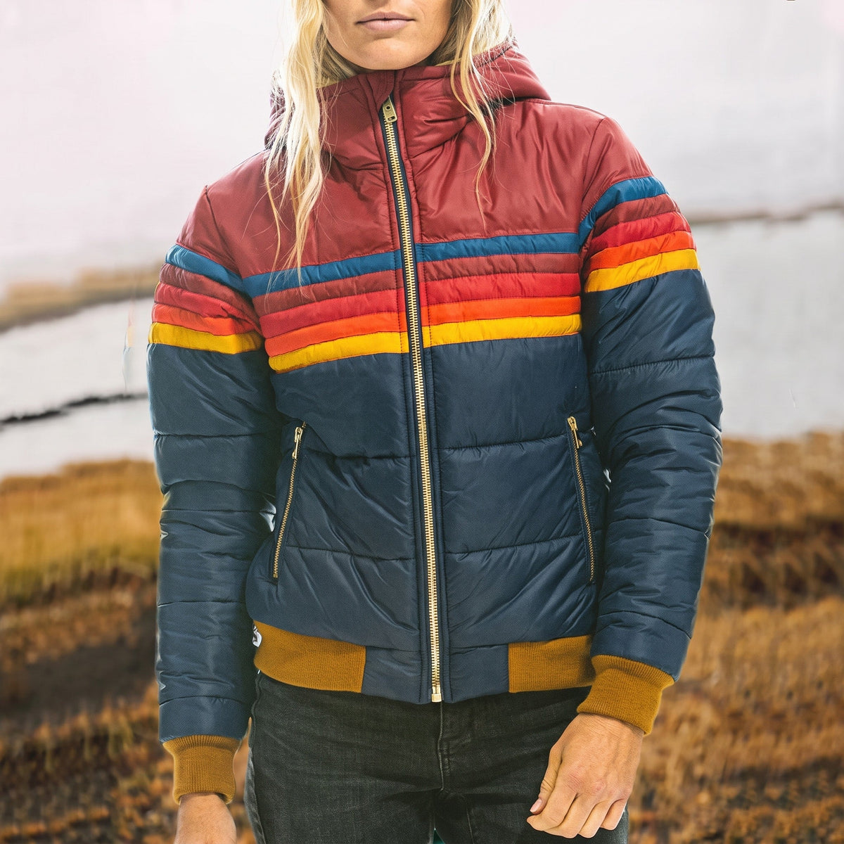 Georgia - Women's Quilted Colour-Block Puffer Jacket with Hood - Puffer Jacket - Navy Blue - Davies & Cooper