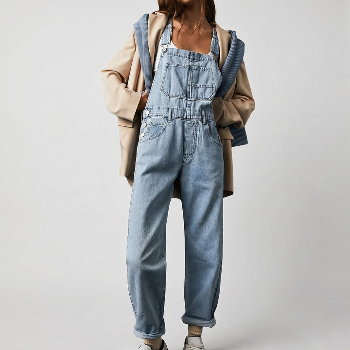 Georgia - Women's Relaxed Fit Wide - Leg Denim Dungarees - Overall - Light Blue - Davies & Cooper
