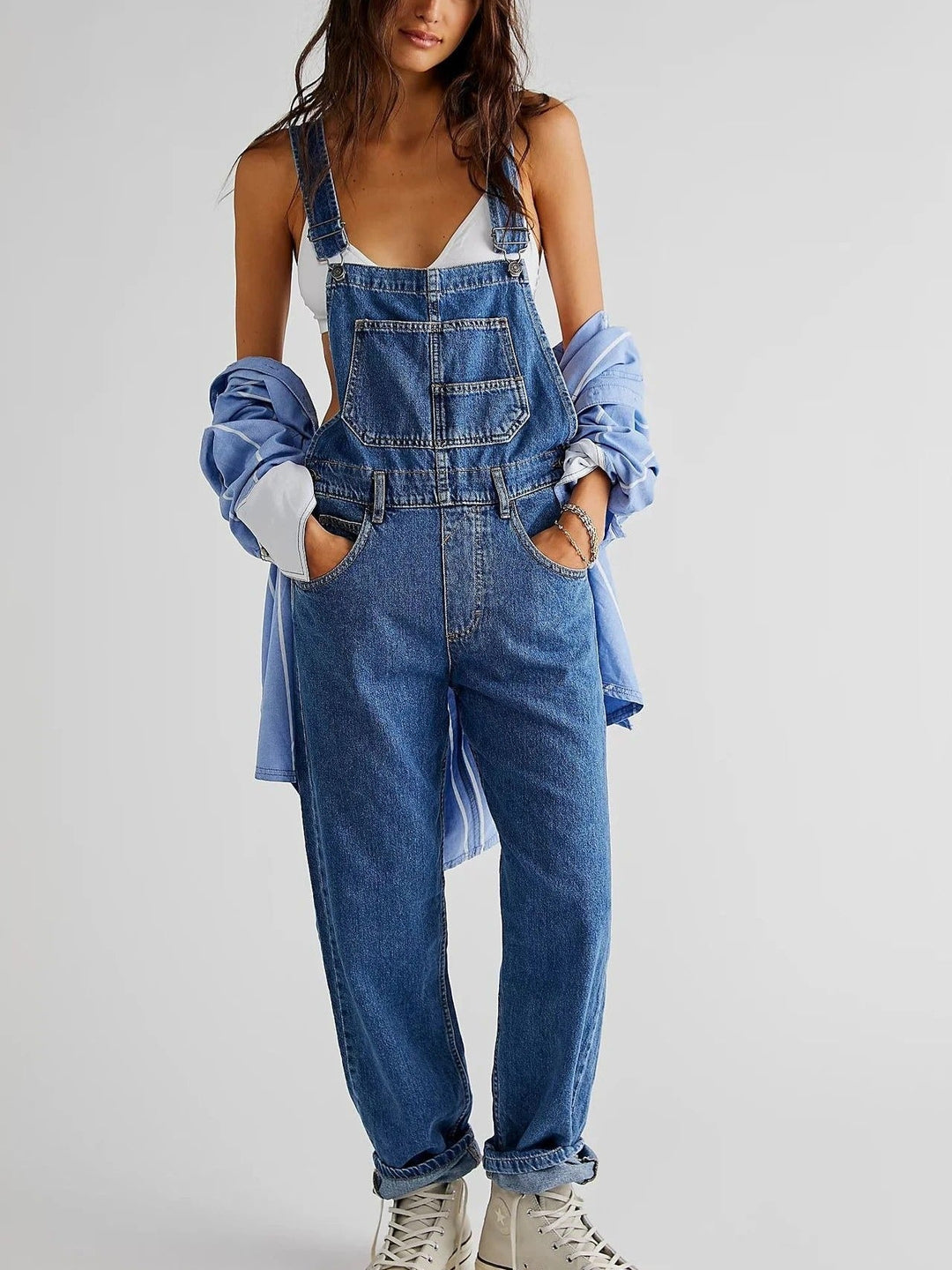 Georgia - Women's Relaxed Fit Wide - Leg Denim Dungarees - Overall - Dark Blue - Davies & Cooper