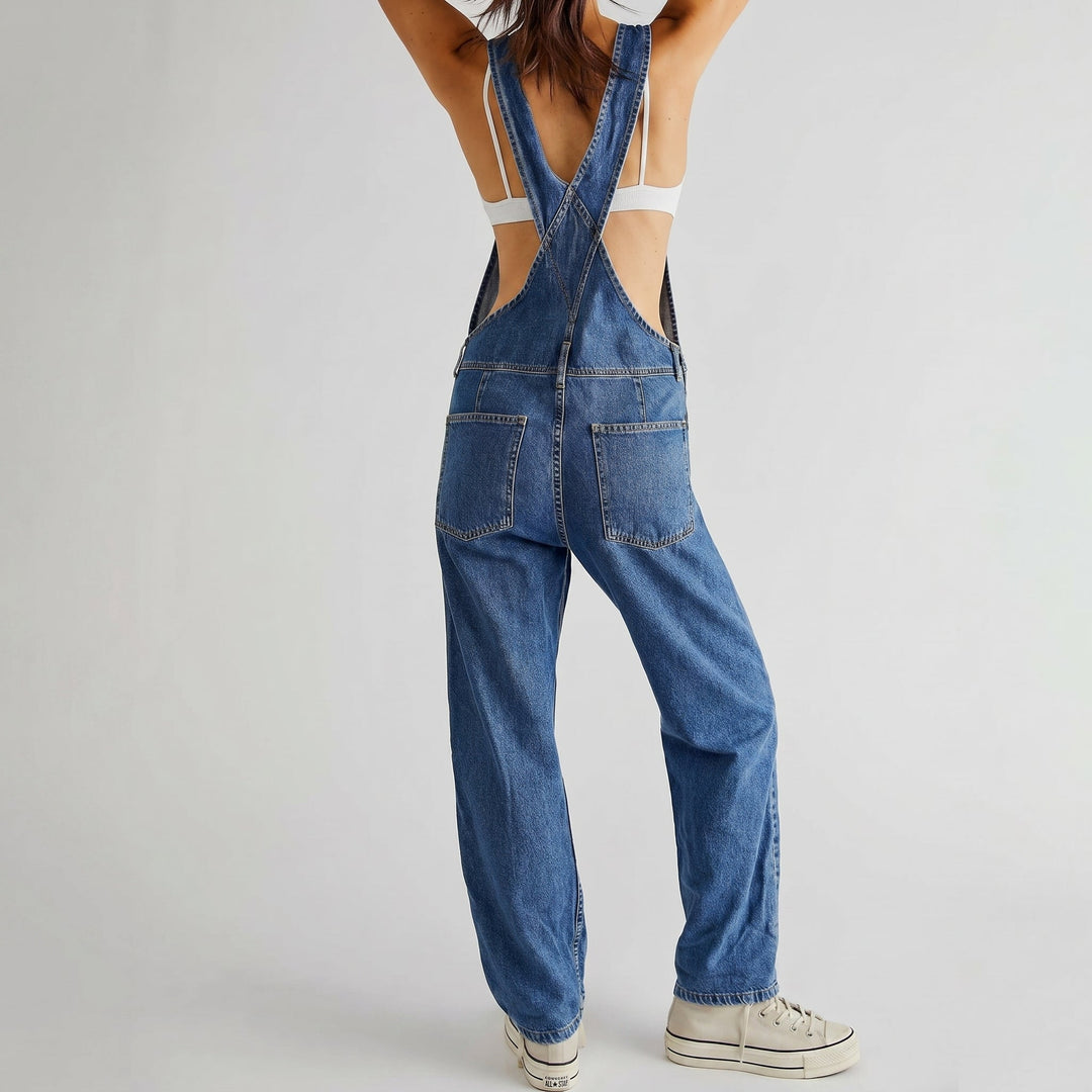 Georgia - Women's Relaxed Fit Wide - Leg Denim Dungarees - Overall - Dark Blue - Davies & Cooper