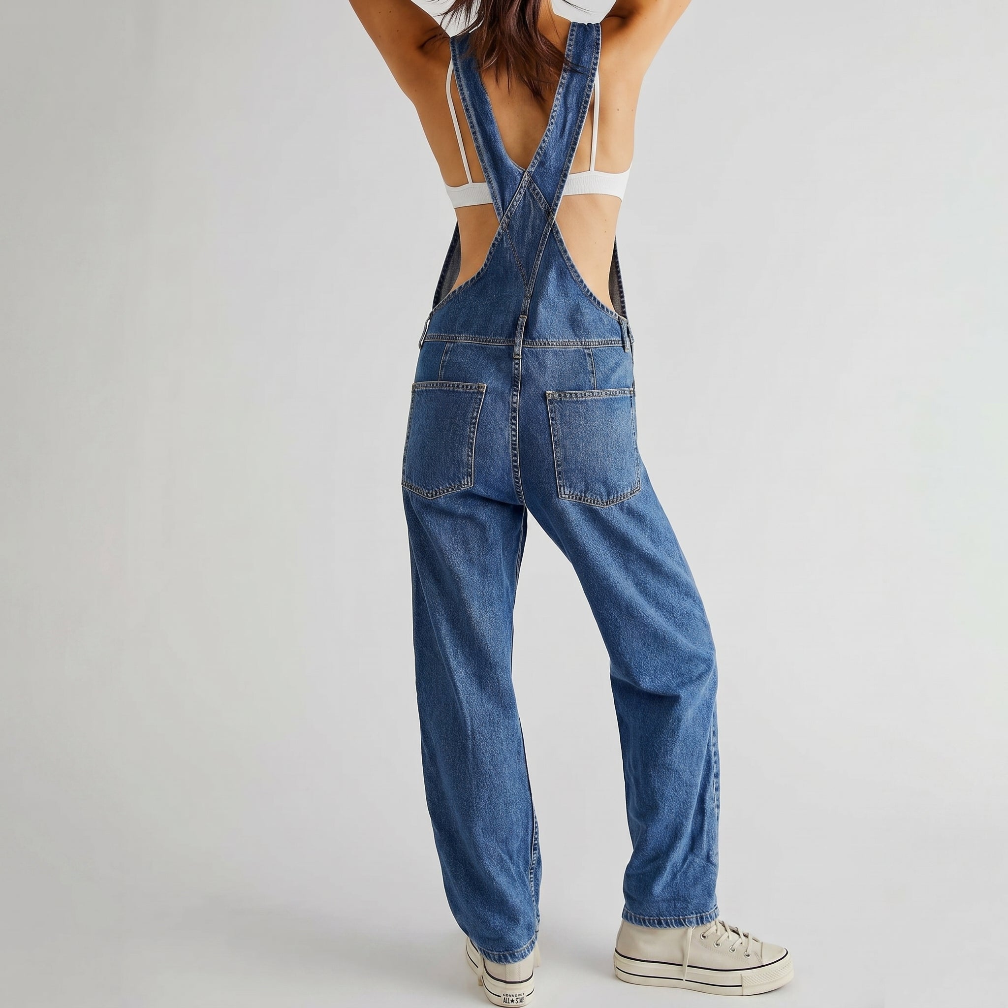 Georgia - Women's Relaxed Fit Wide - Leg Denim Dungarees - Overall - Dark Blue - Davies & Cooper
