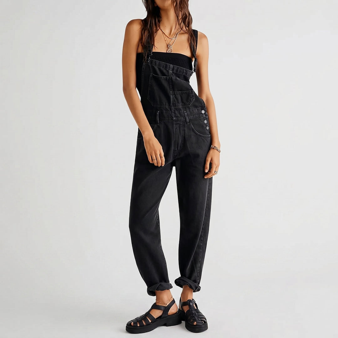 Georgia - Women's Relaxed Fit Wide - Leg Denim Dungarees - Overall - Black - Davies & Cooper
