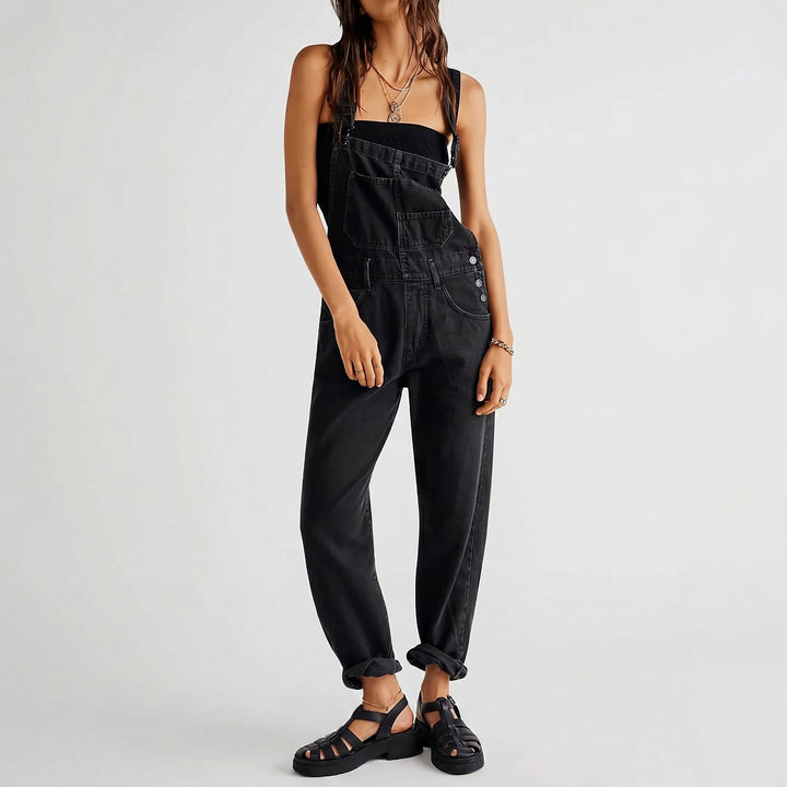 Georgia - Women's Relaxed Fit Wide - Leg Denim Dungarees - Overall - Black - Davies & Cooper