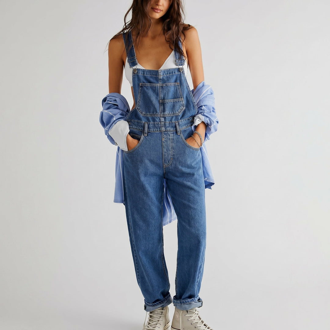 Georgia - Women's Relaxed Fit Wide - Leg Denim Dungarees - Overall - Dark Blue - Davies & Cooper