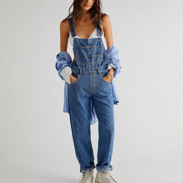 Georgia - Women's Relaxed Fit Wide - Leg Denim Dungarees - Overall - Dark Blue - Davies & Cooper