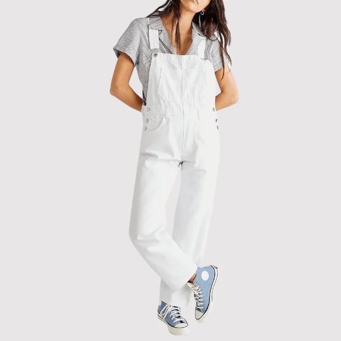 Georgia - Women's Relaxed Fit Wide - Leg Denim Dungarees - Overall - White - Davies & Cooper