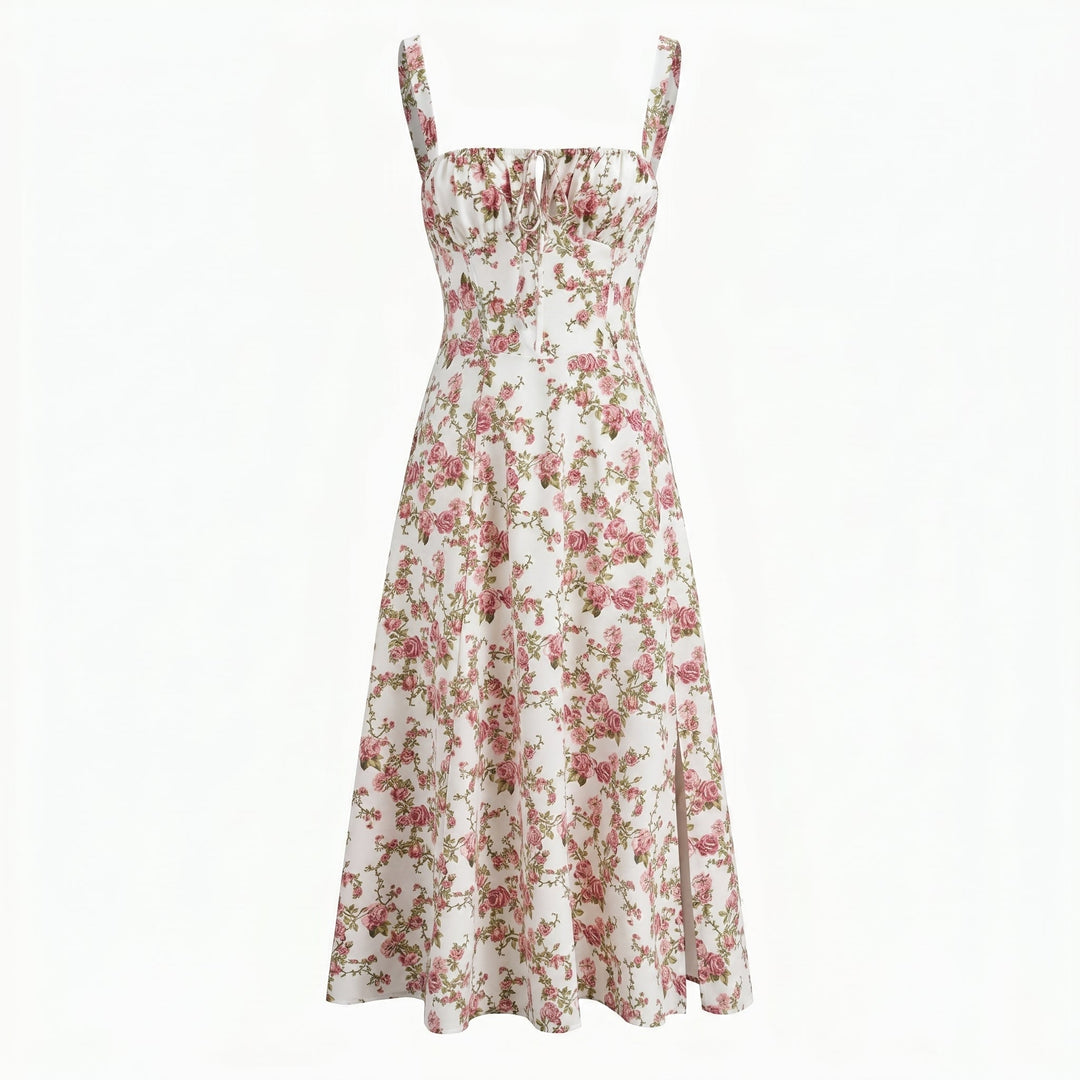 Georgia - Women's Summer Floral Lace - Up Midi Dress with Split - Midi Dress - Pink - Davies & Cooper