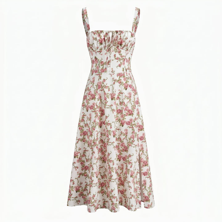 Georgia - Women's Summer Floral Lace - Up Midi Dress with Split - Midi Dress - Pink - Davies & Cooper