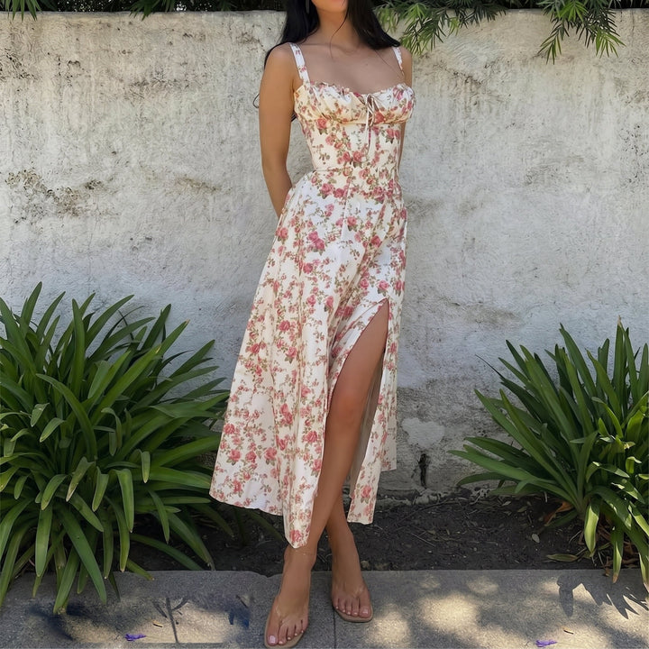 Georgia - Women's Summer Floral Lace - Up Midi Dress with Split - Midi Dress - Pink - Davies & Cooper