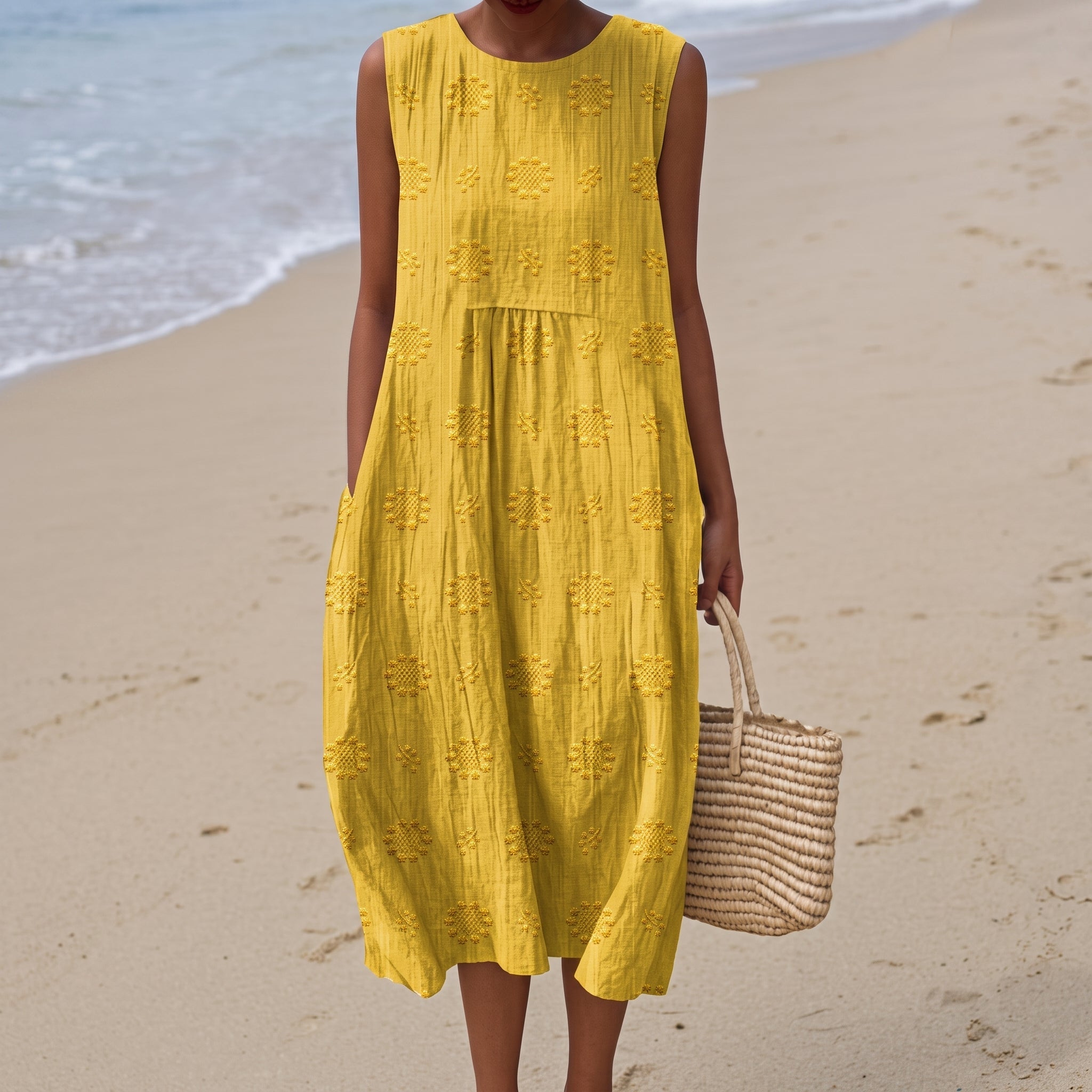 Georgia - Women's Summer Floral Sleeveless Midi Dress - Midi Dress - Yellow - Davies & Cooper