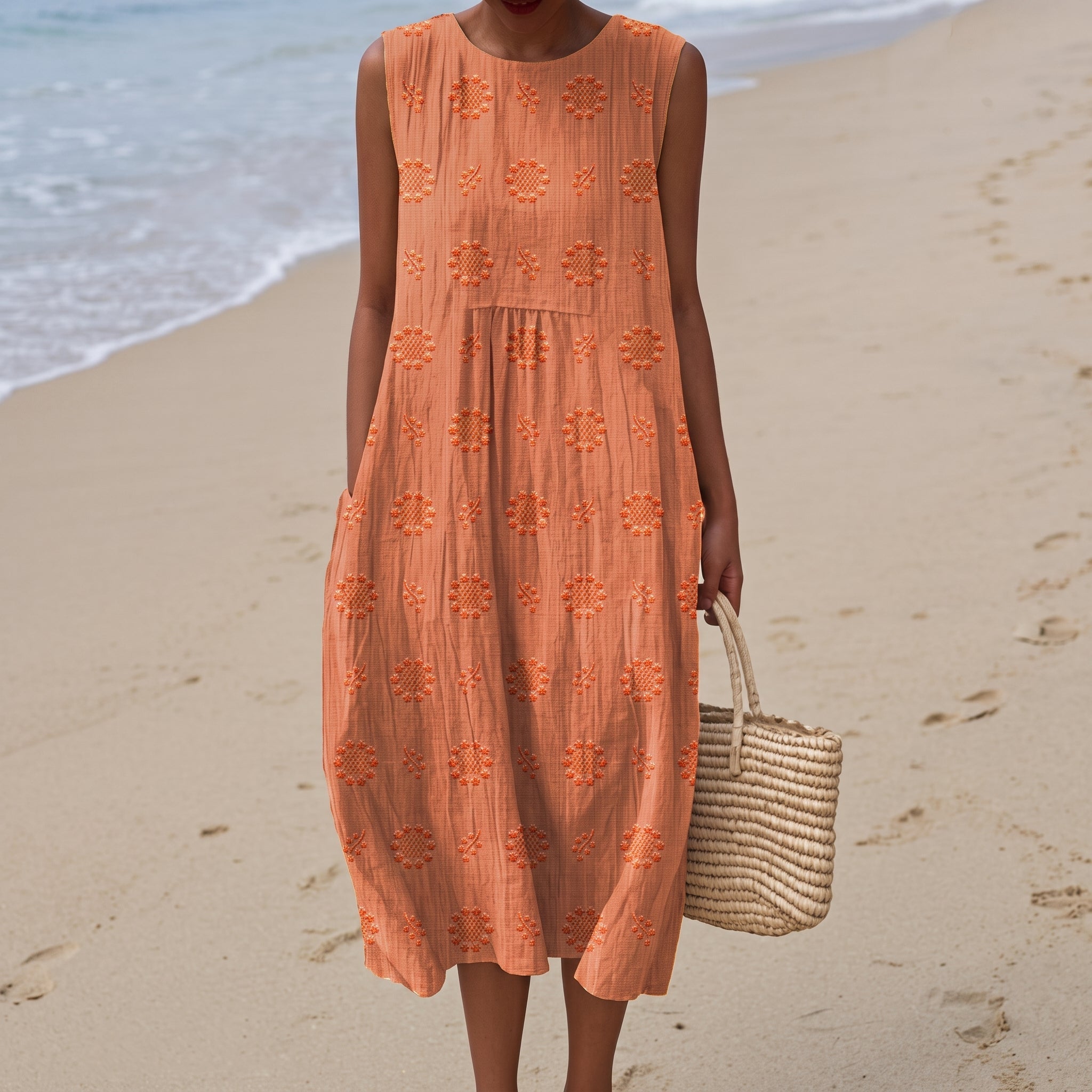 Georgia - Women's Summer Floral Sleeveless Midi Dress - Midi Dress - Orange - Davies & Cooper
