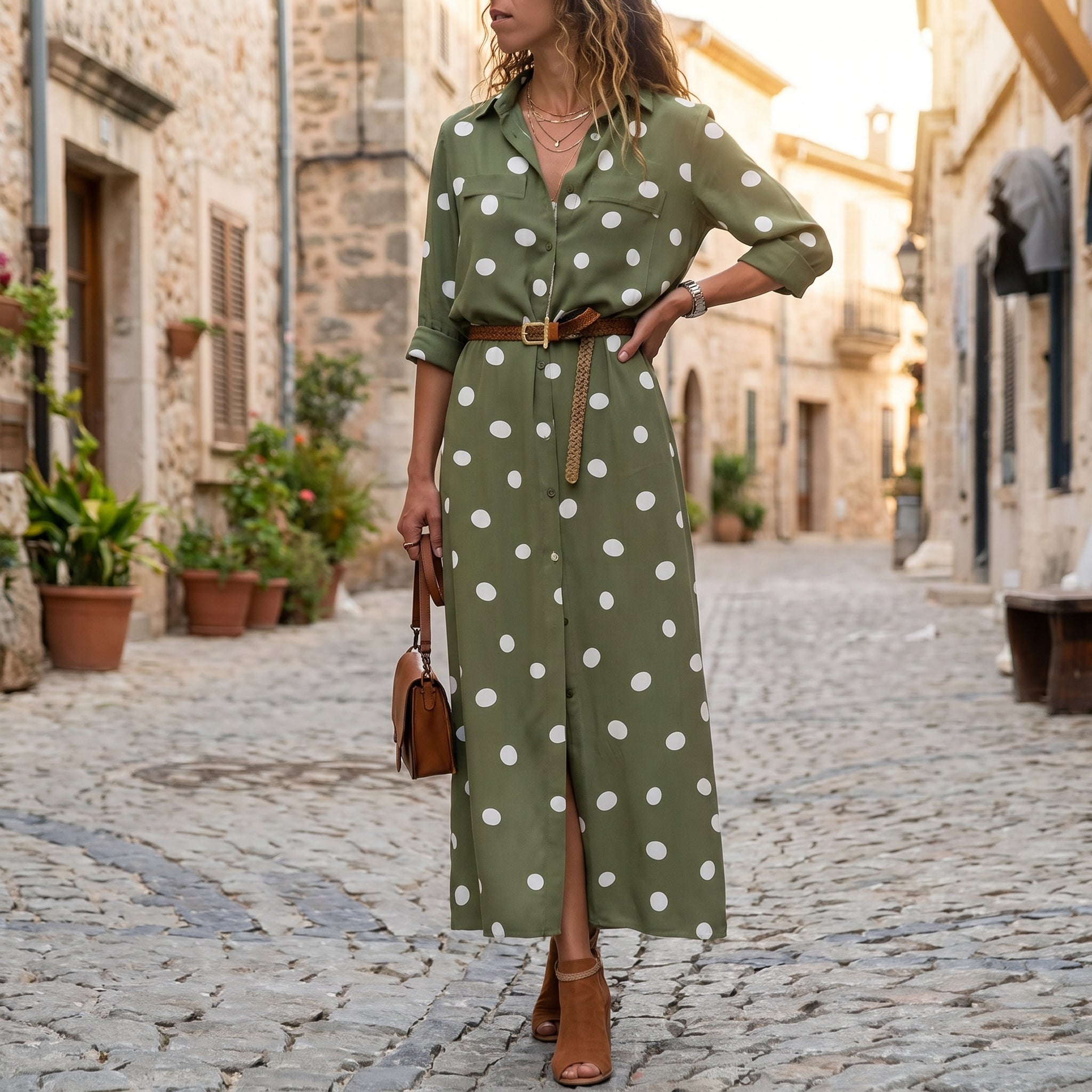 Georgia – Women's Summer Polka Dot Button-Down Maxi Dress - Dresses - Green - Davies & Cooper