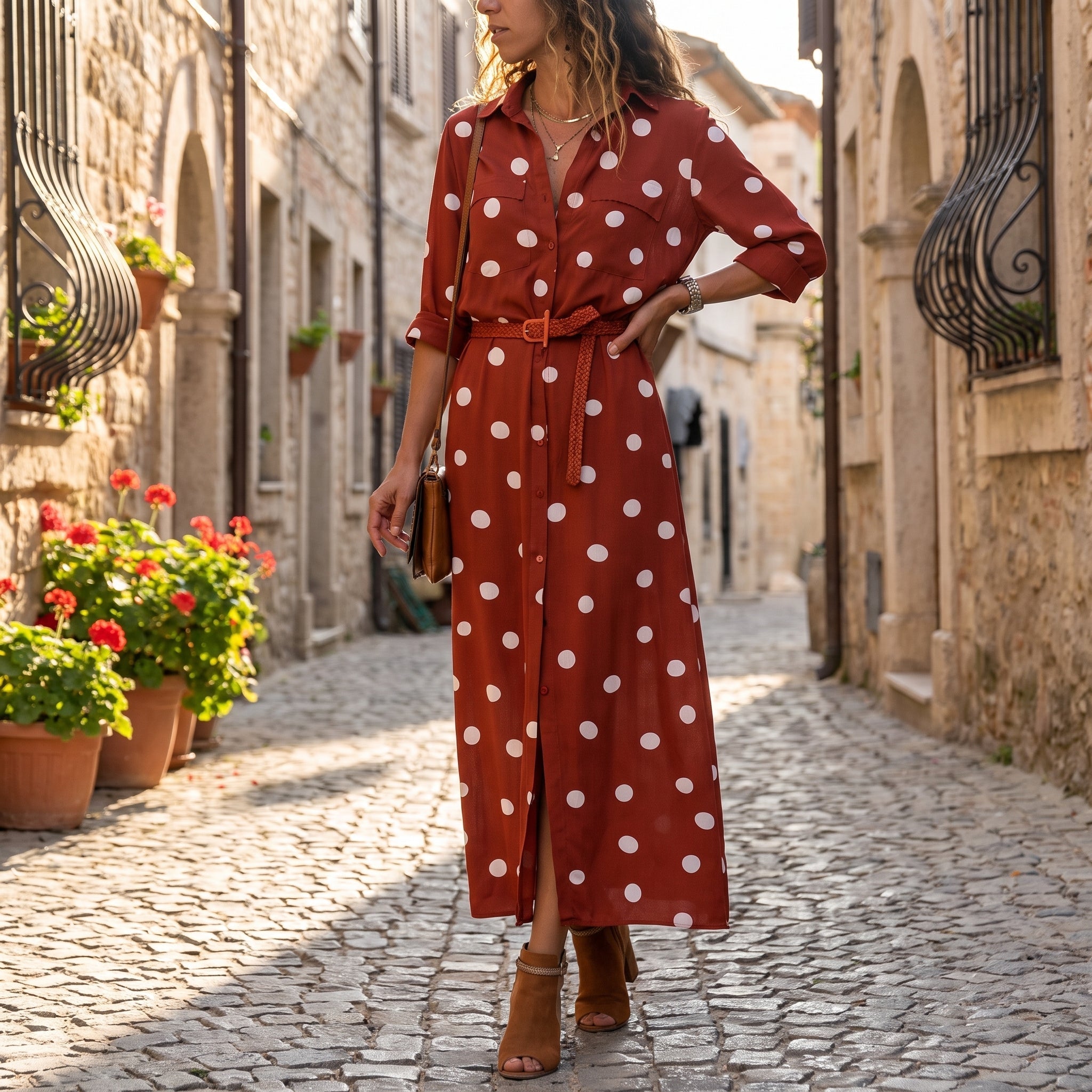 Georgia – Women's Summer Polka Dot Button-Down Maxi Dress - Dresses - Red - Davies & Cooper