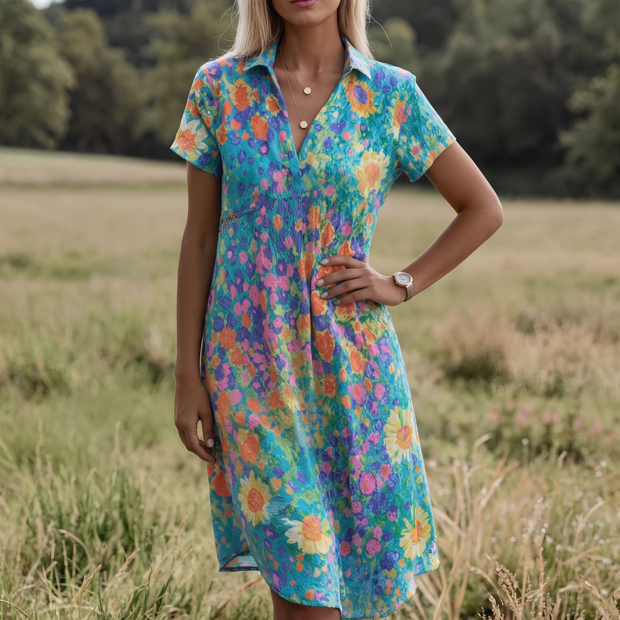 Georgia - Women's Summer Printed Short Sleeve Midi Dress - Midi Dress - Blue - Davies & Cooper