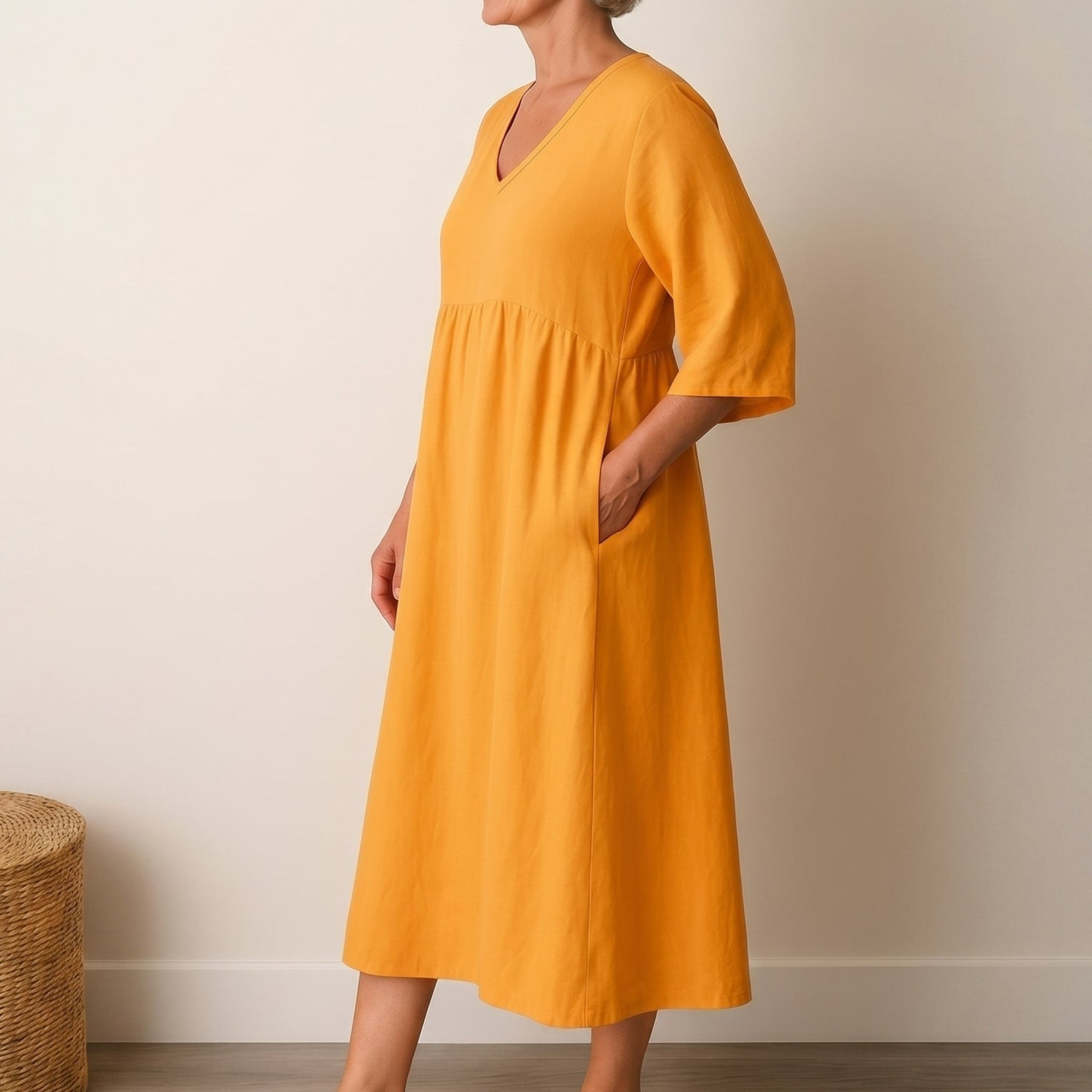 Georgia - Women's Summer Puff Sleeve Midi Dress - Midi Dresses - Orange - Davies & Cooper