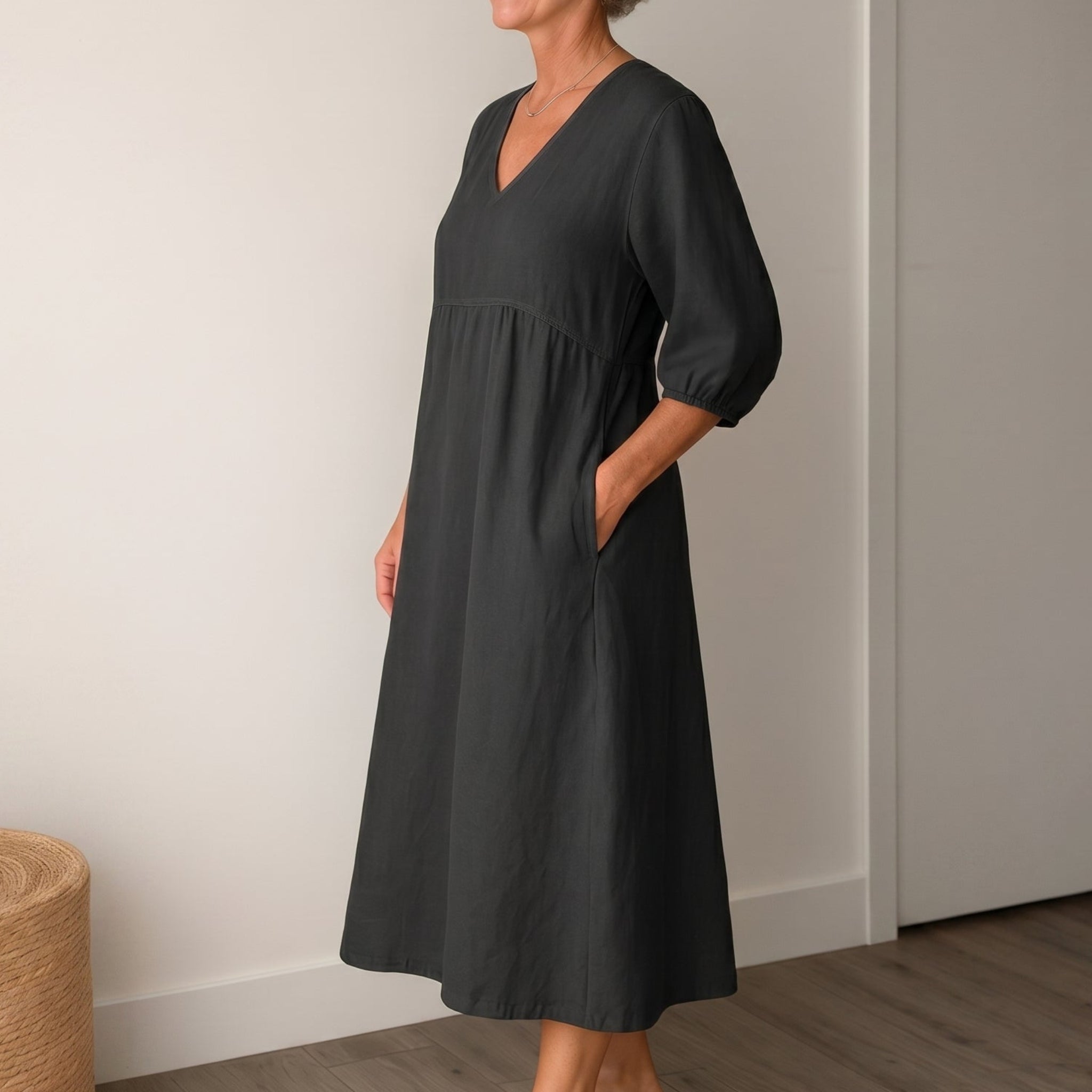 Georgia - Women's Summer Puff Sleeve Midi Dress - Midi Dresses - Black - Davies & Cooper