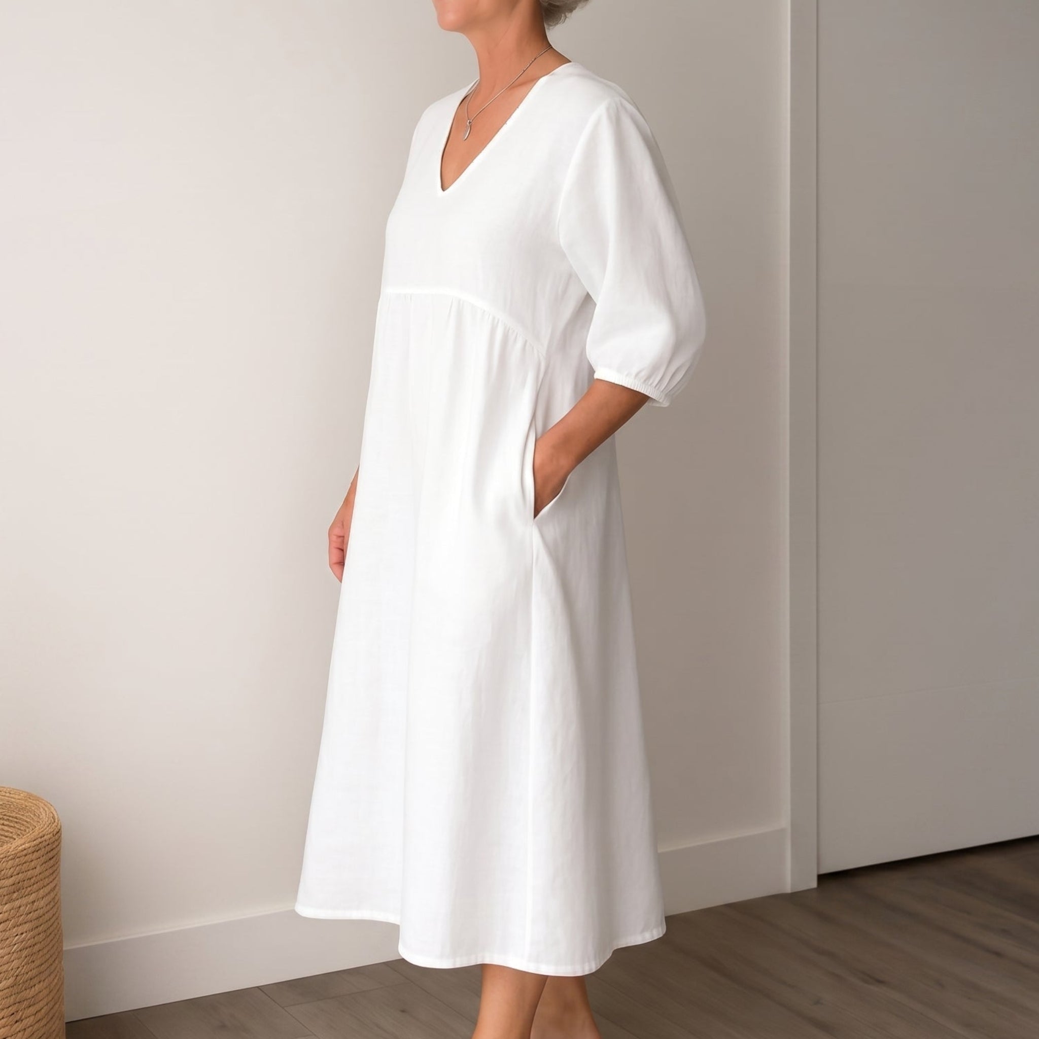 Georgia - Women's Summer Puff Sleeve Midi Dress - Midi Dresses - White - Davies & Cooper