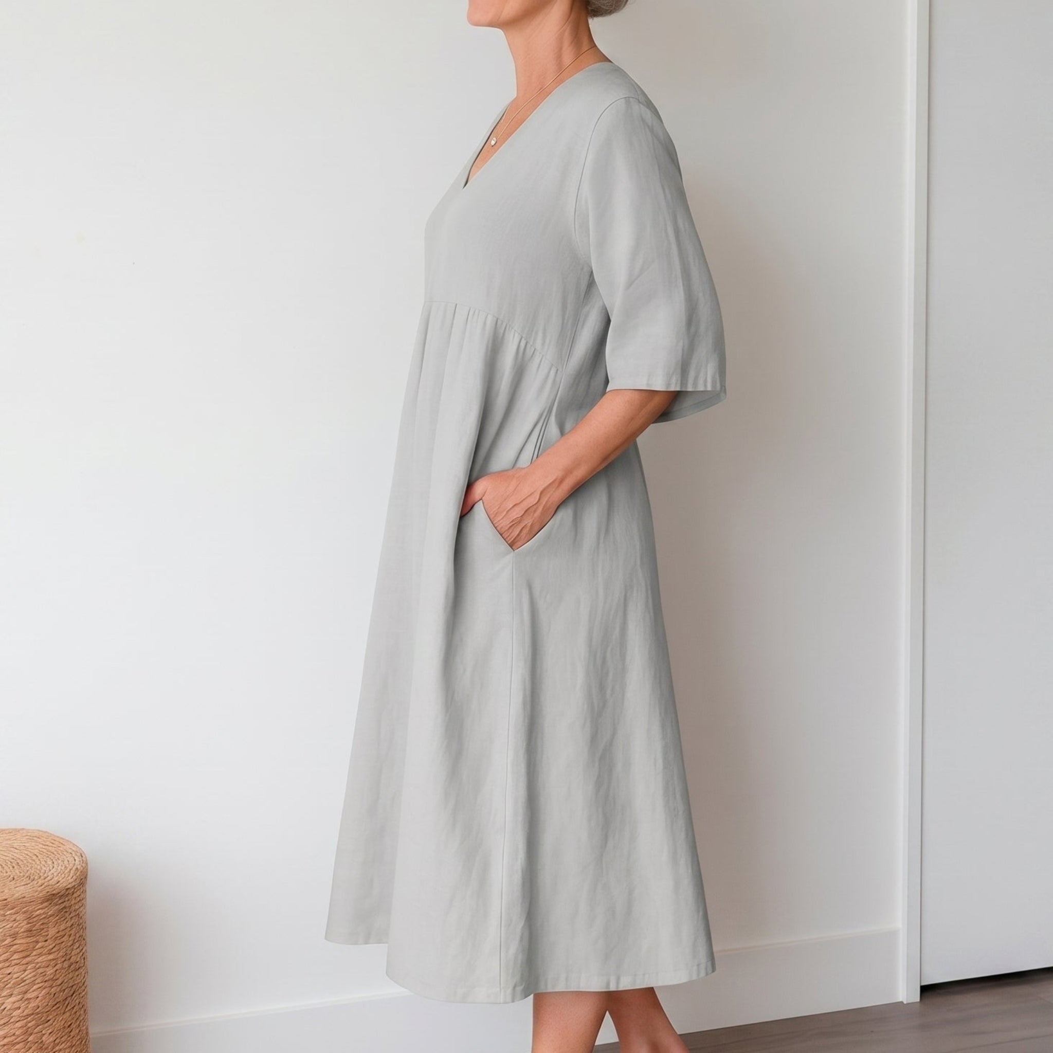 Georgia - Women's Summer Puff Sleeve Midi Dress - Midi Dresses - Grey - Davies & Cooper