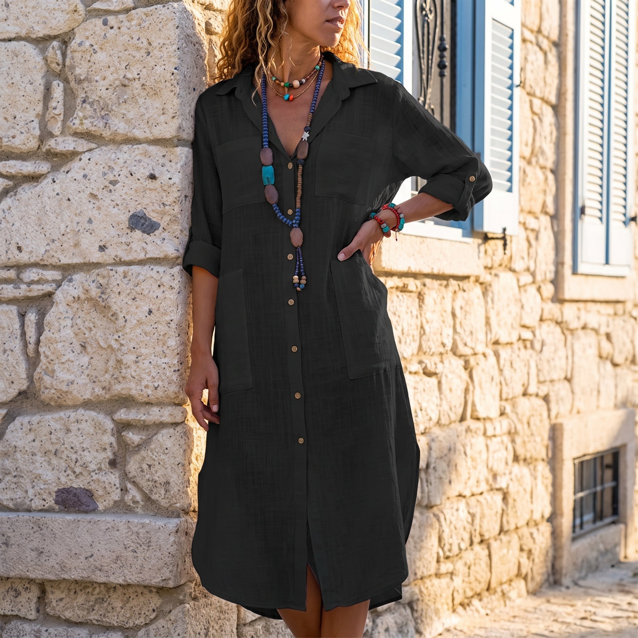 Georgia - Women's Summer Roll Sleeve Midi Shirt Dress - Dresses - Black - Davies & Cooper