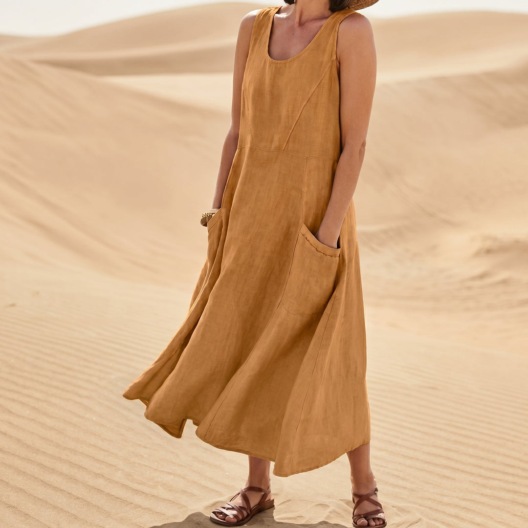 Georgia - Women's Summer Sleeveless Maxi Dress with Pockets - Maxi Dress - Brown - Davies & Cooper