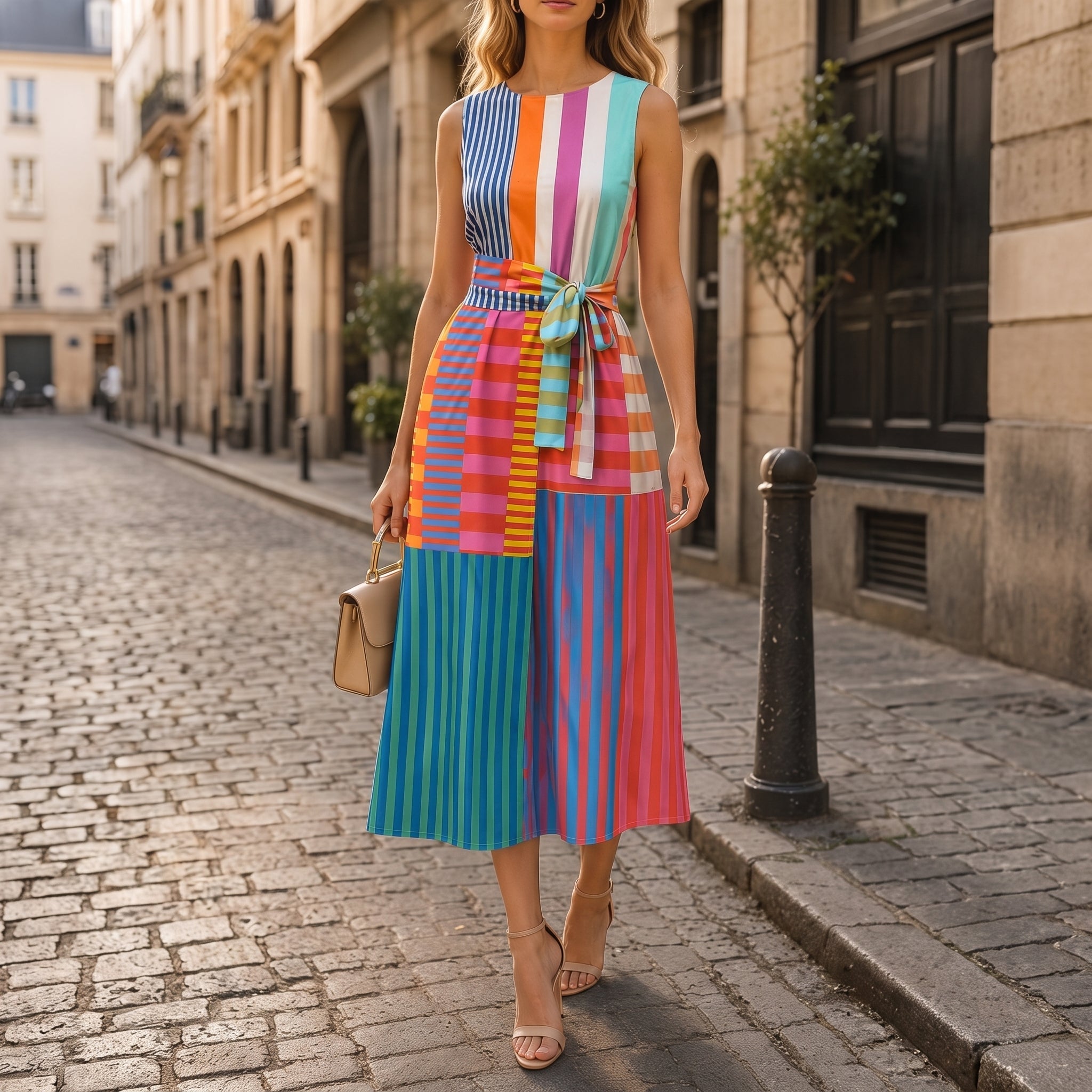Georgia - Women's Summer Striped Belted Midi Dress - Dresses - Blue - Davies & Cooper
