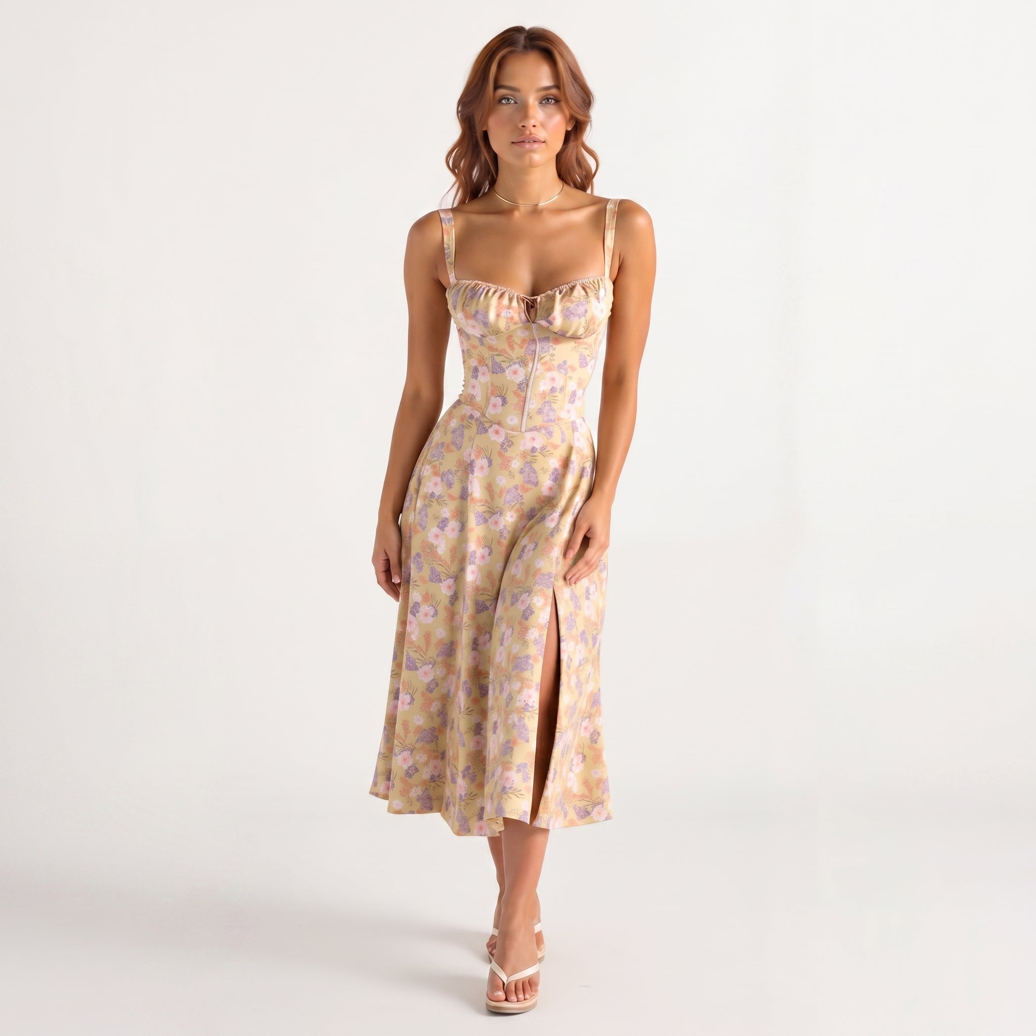 Georgia - Women's Summer Sweetheart Neck Midi Dress - Midi Dresses - Yellow - Davies & Cooper