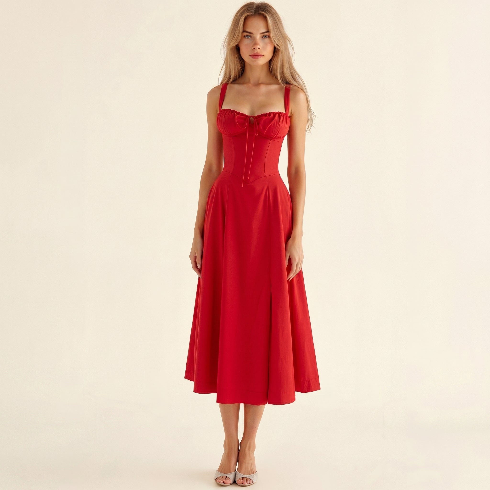 Georgia - Women's Summer Sweetheart Neck Midi Dress - Midi Dresses - Red - Davies & Cooper