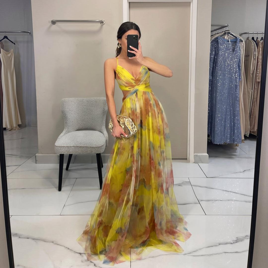 Georgia - Women's Wedding Guest Tulle Maxi Dress - Maxi Dresses - Yellow - Davies & Cooper