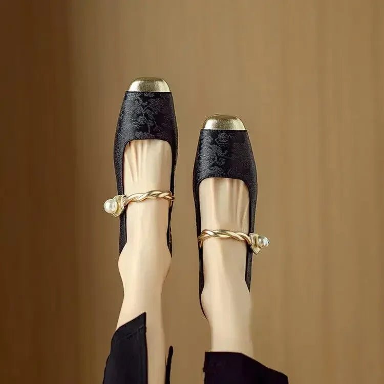 Cecilia - Women's Square Toe Mary Jane Pumps with Pearl Detail