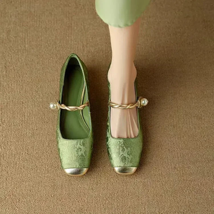 Cecilia - Women's Square Toe Mary Jane Pumps with Pearl Detail