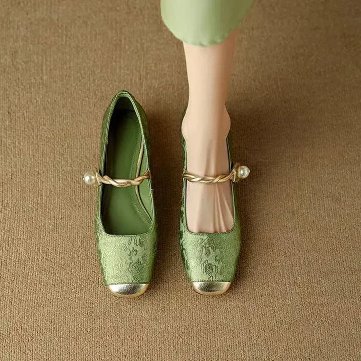 Cecilia - Women's Square Toe Mary Jane Pumps with Pearl Detail