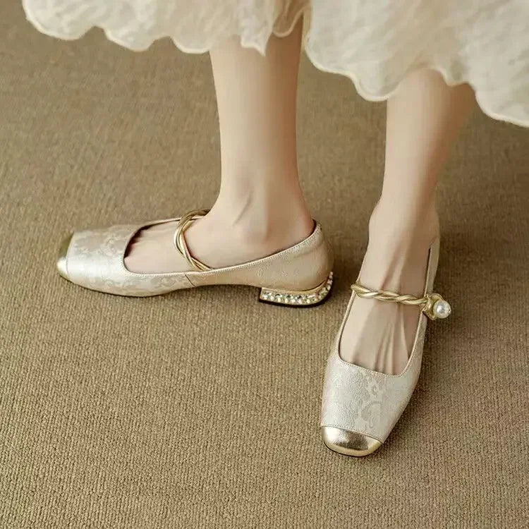 Cecilia - Women's Square Toe Mary Jane Pumps with Pearl Detail