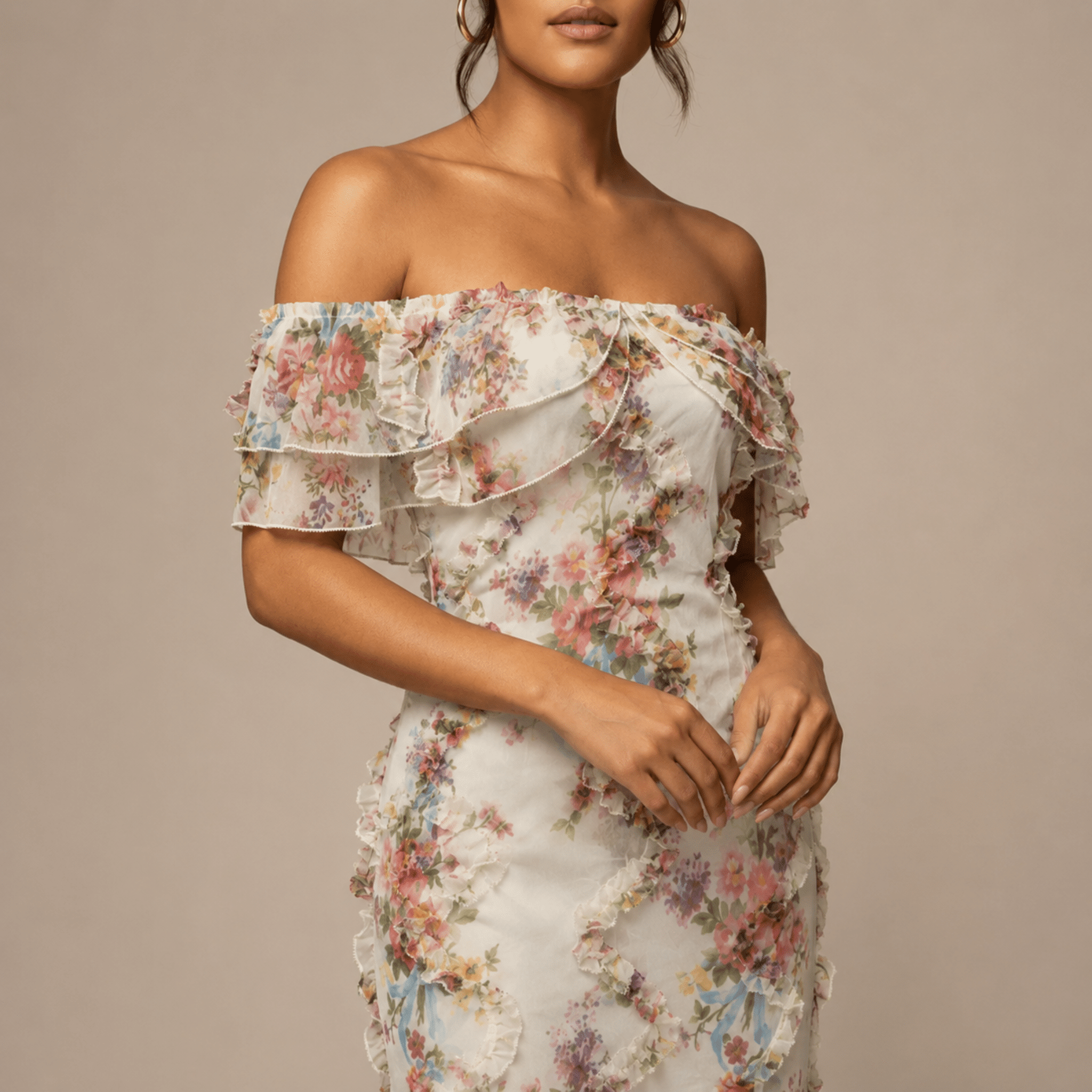 Gisela - Women's Vintage Floral Off-Shoulder Ruffle Party Maxi Dress - Maxi Dresses - White - Davies & Cooper
