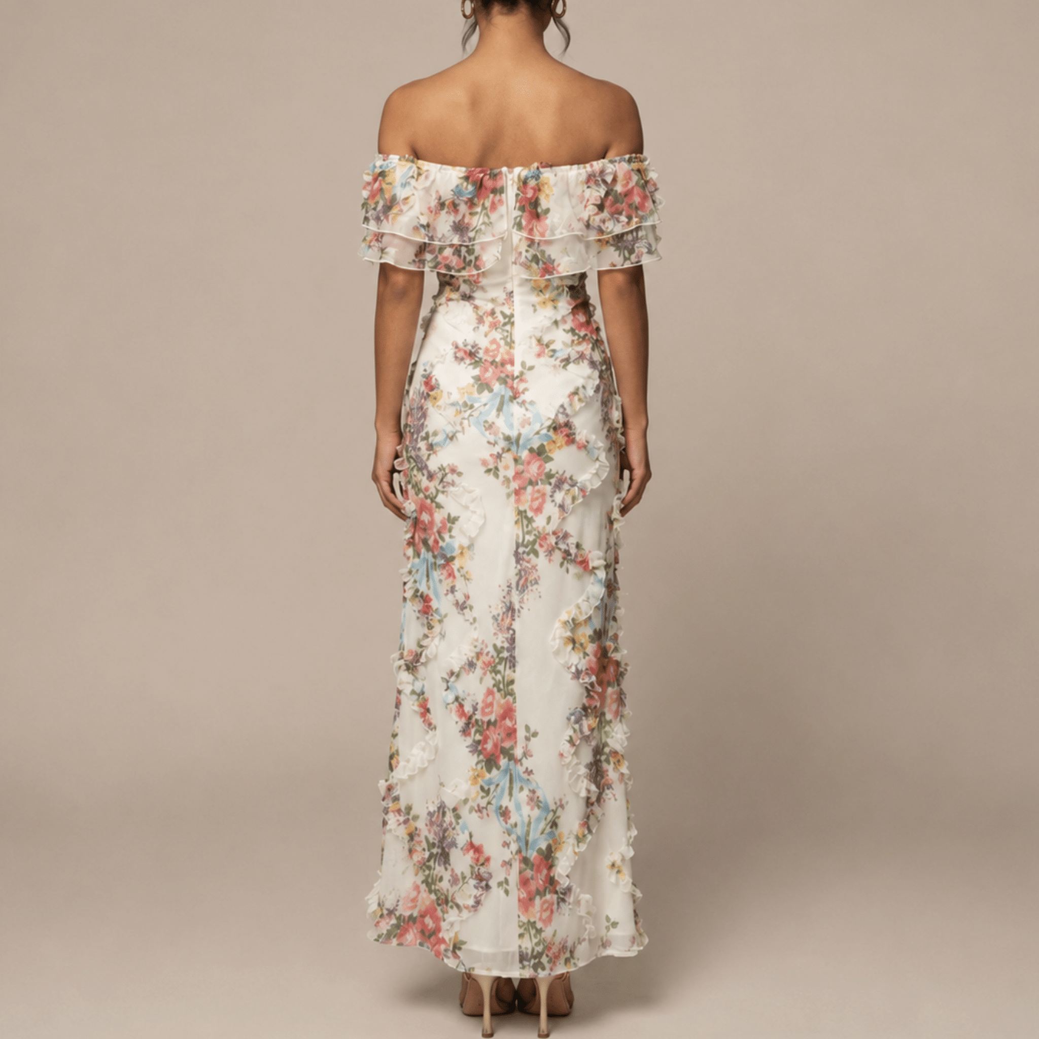 Gisela - Women's Vintage Floral Off-Shoulder Ruffle Party Maxi Dress - Maxi Dresses - White - Davies & Cooper