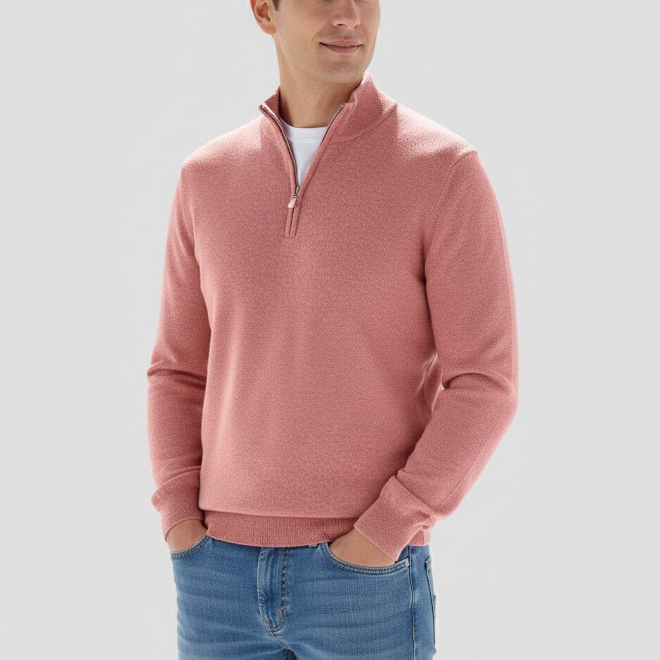 Godric – Men's Knit Jumper with Half Zip - Sweater - Pink - Davies & Cooper