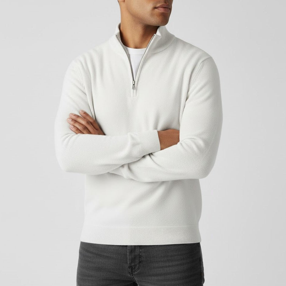Godric – Men's Knit Jumper with Half Zip - Sweater - White - Davies & Cooper