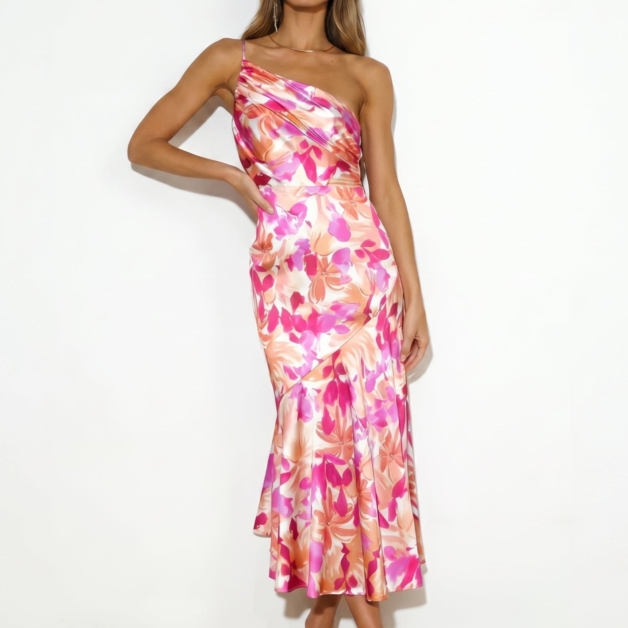 Grace - Women's Floral One-Shoulder Wedding Guest Midi Dress - Midi Dress - Pink - Davies & Cooper