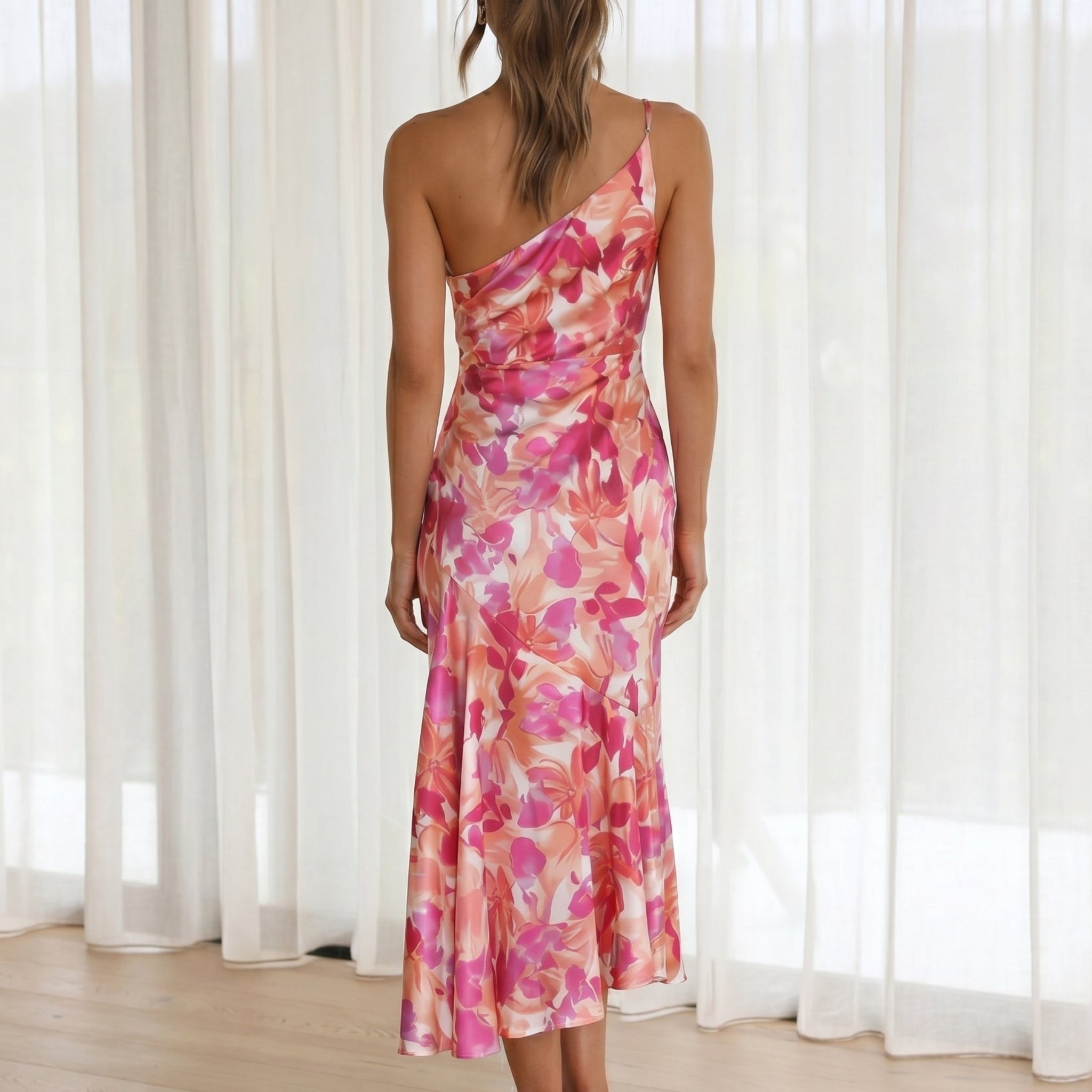 Grace - Women's Floral One-Shoulder Wedding Guest Midi Dress - Midi Dress - Pink - Davies & Cooper
