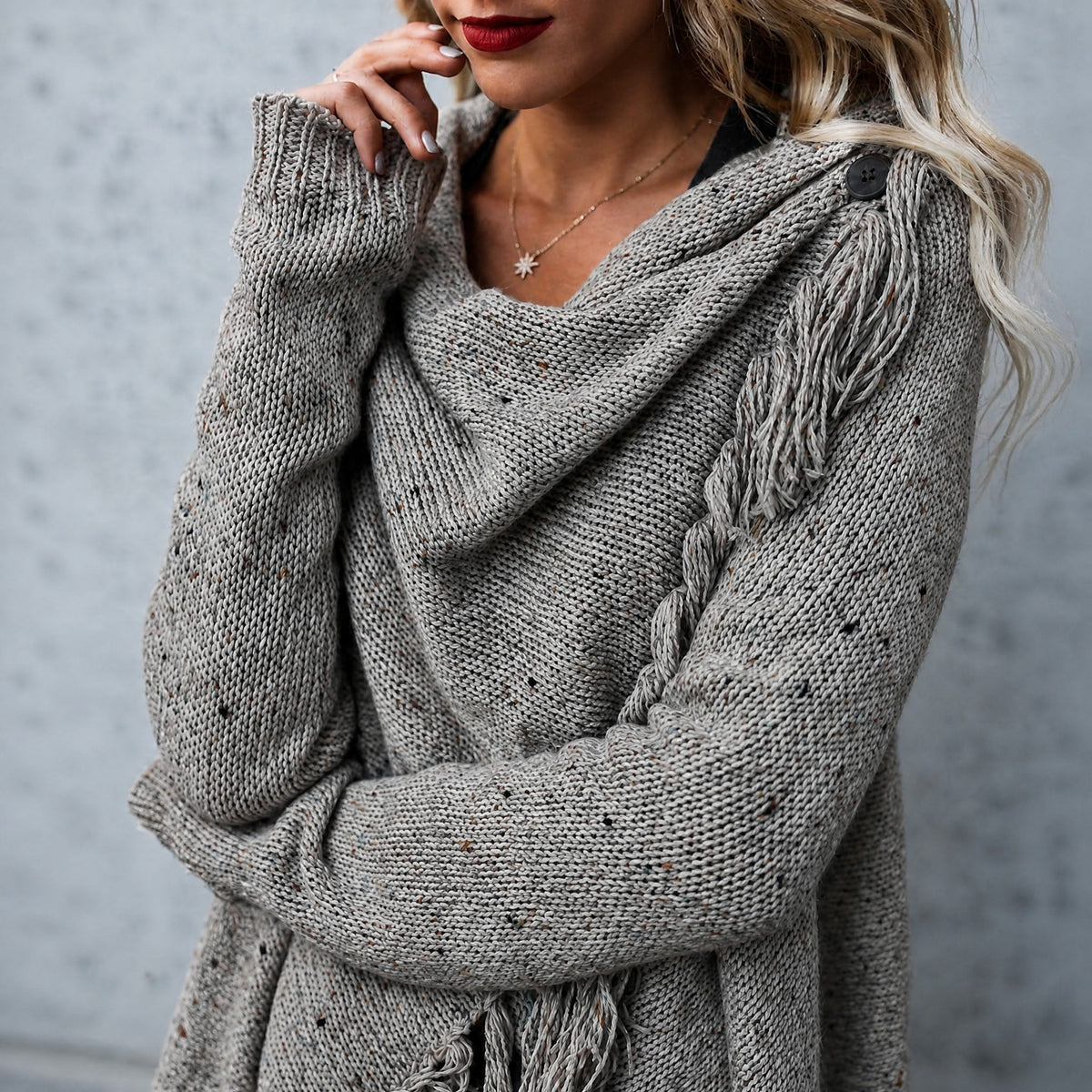 Grace - Women's Fringe Trim Knitted Cardigan with Waterfall Front - Cardigans - Grey - Davies & Cooper