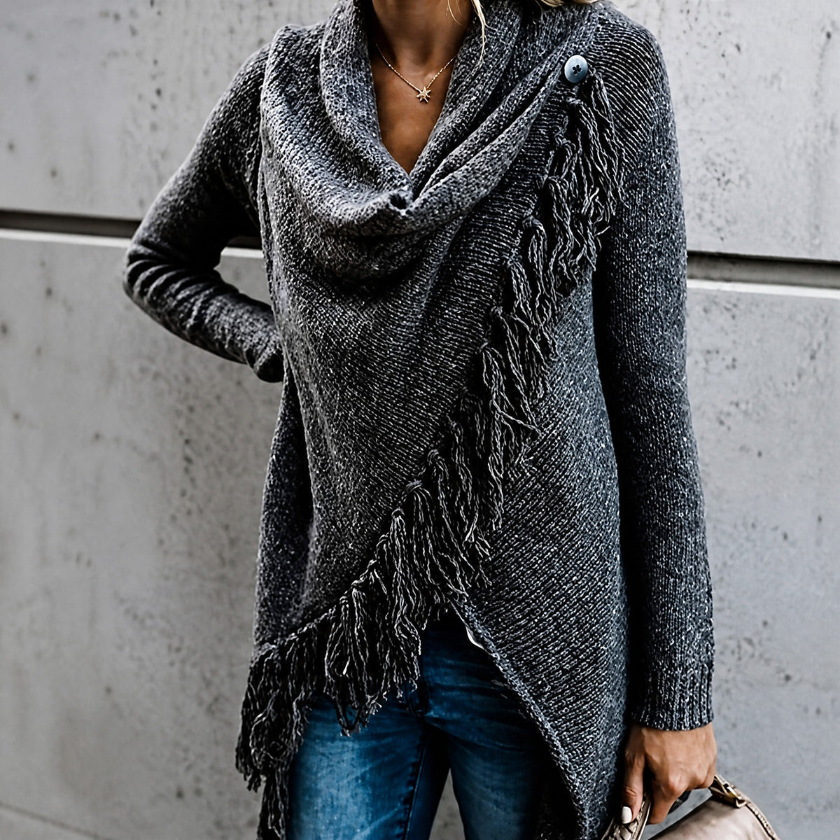 Grace - Women's Fringe Trim Knitted Cardigan with Waterfall Front - Cardigans - Black - Davies & Cooper