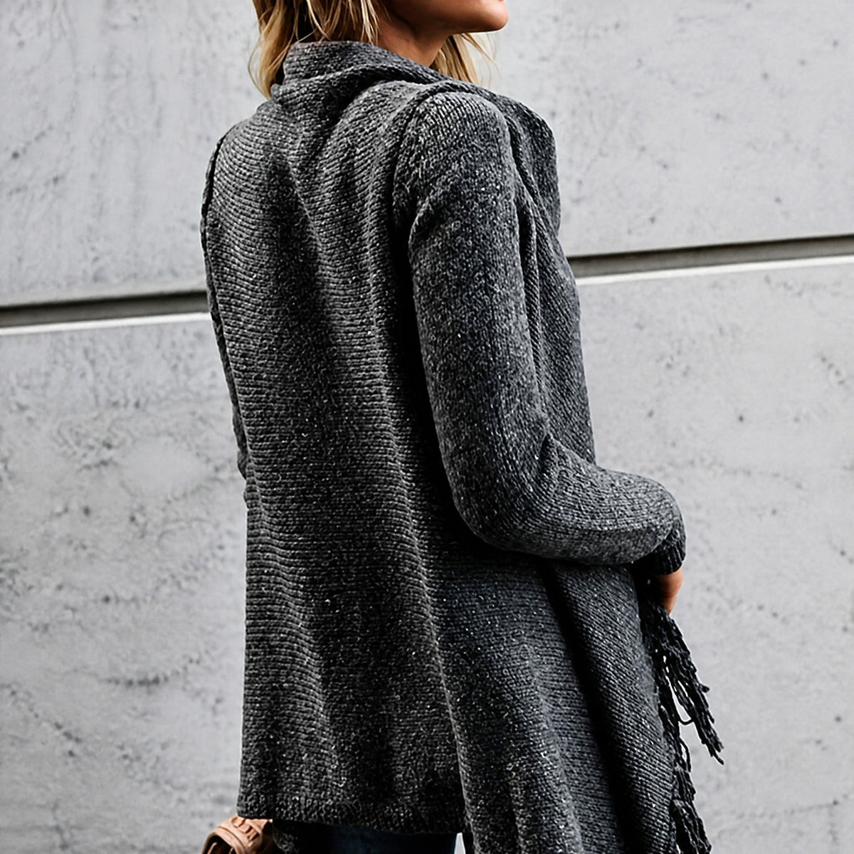 Grace - Women's Fringe Trim Knitted Cardigan with Waterfall Front - Cardigans - Black - Davies & Cooper