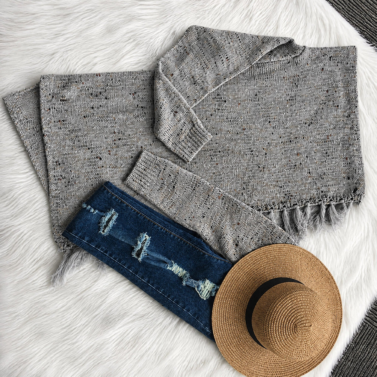 Grace - Women's Fringe Trim Knitted Cardigan with Waterfall Front - Cardigans - Grey - Davies & Cooper