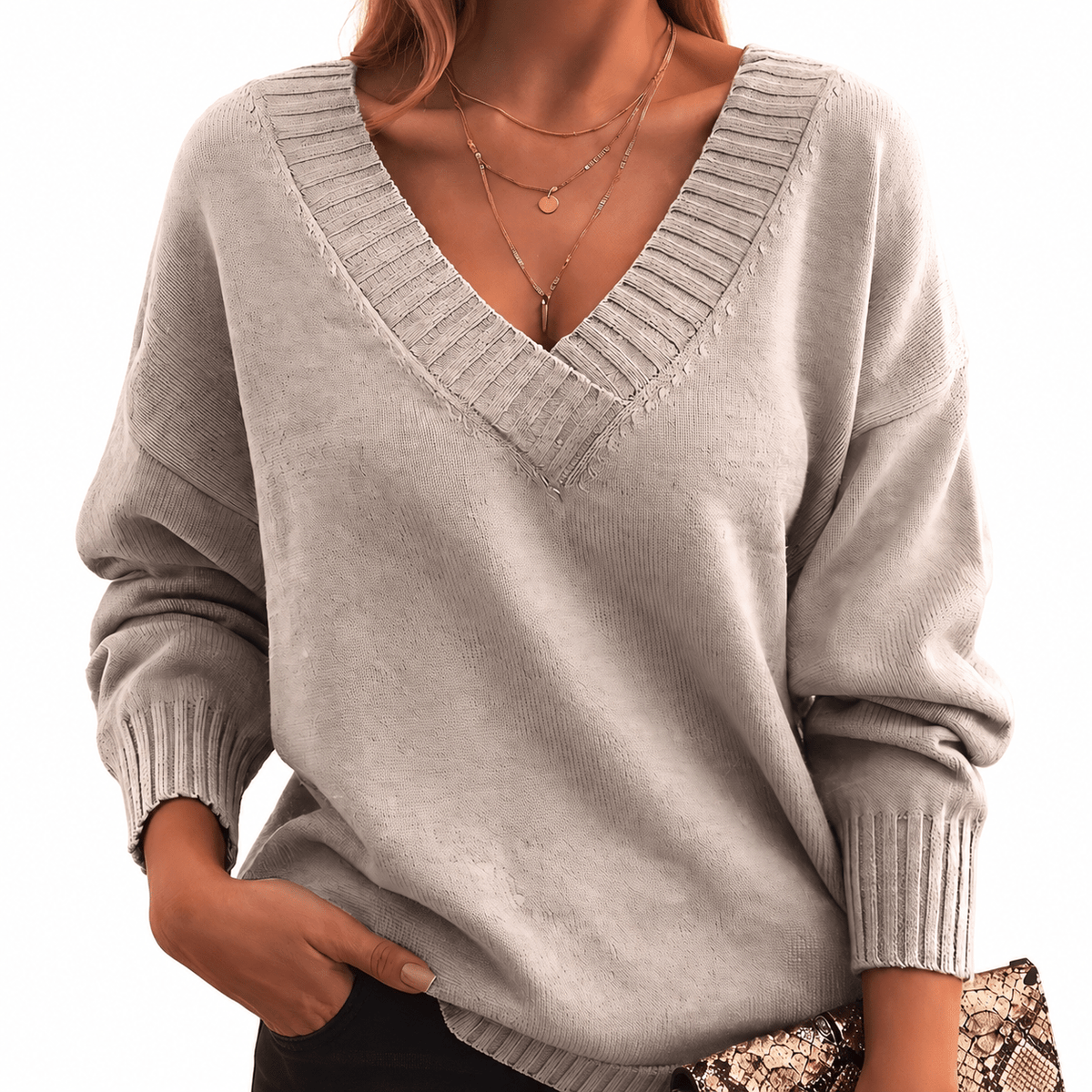 Grace - Women's Relaxed Fit V-Neck Knit Jumper with Ribbed Cuffs - Sweaters - Beige - Davies & Cooper