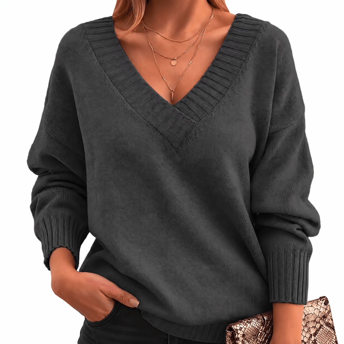 Grace - Women's Relaxed Fit V-Neck Knit Jumper with Ribbed Cuffs - Sweaters - Dark Grey - Davies & Cooper