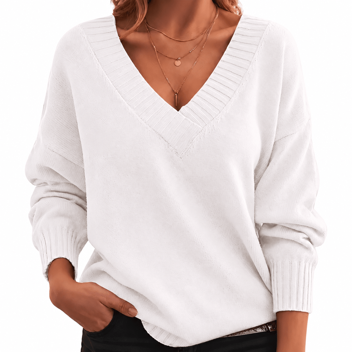 Grace - Women's Relaxed Fit V-Neck Knit Jumper with Ribbed Cuffs - Sweaters - White - Davies & Cooper