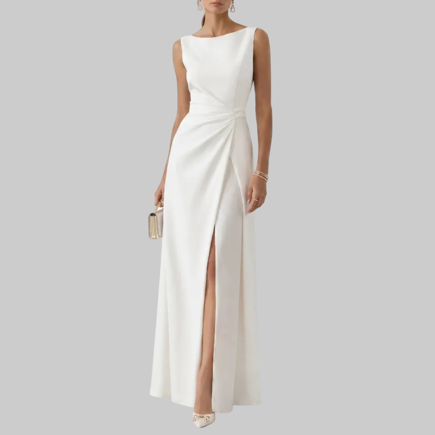 Grace - Women's Summer Ruched Split Maxi Dress - Maxi Dress - White - Davies & Cooper