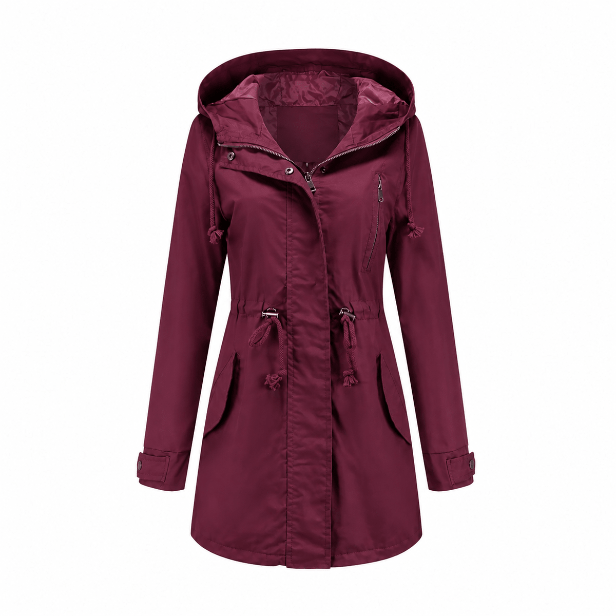 Grace - Women's Transitional Hooded Longline Jacket with Zip Closure - Rain Coat - Wine Red - Davies & Cooper
